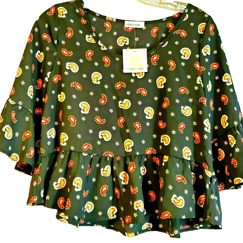 Peach Royal Peasant Top Size M Cropped Paisley Ruffles Boho Prairie Cottage